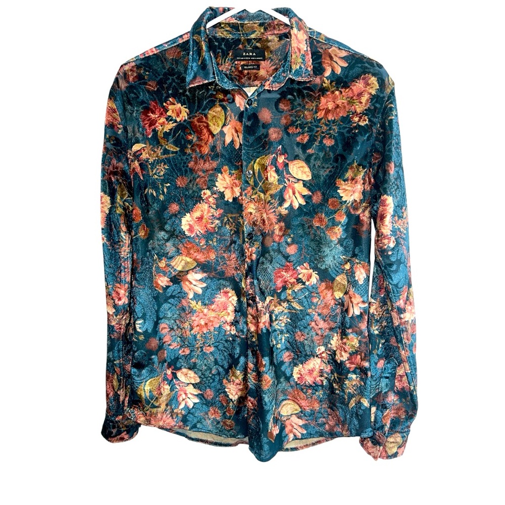 Zara Men's Velvet Shirt - Blue with Pink Floral